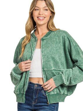 (Small) - Zenana - NWOT - DK Green Acid Wash - Bomber Jacket